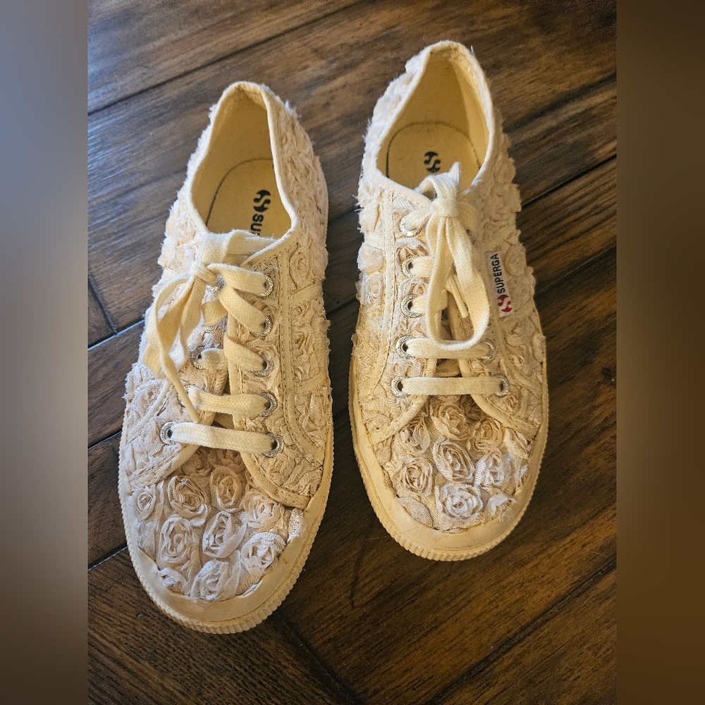 SUPERGA Cream Embellished Canvas Sneakers Size 6 1/2